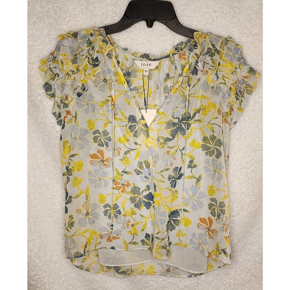 NWT Joie 100% Silk Floral Flutter Sleeve V-Neck Blouse Cerulean M - Picture 2 of 8